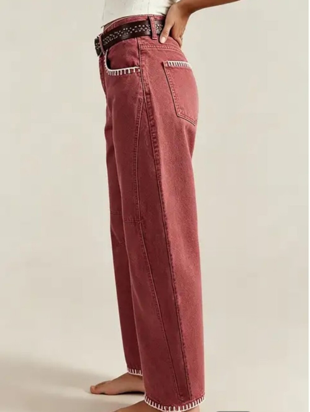 Flamingals Contrast Stitch Mid Rise Barrel Leg Pants NWT Large - Picture 3 of 10